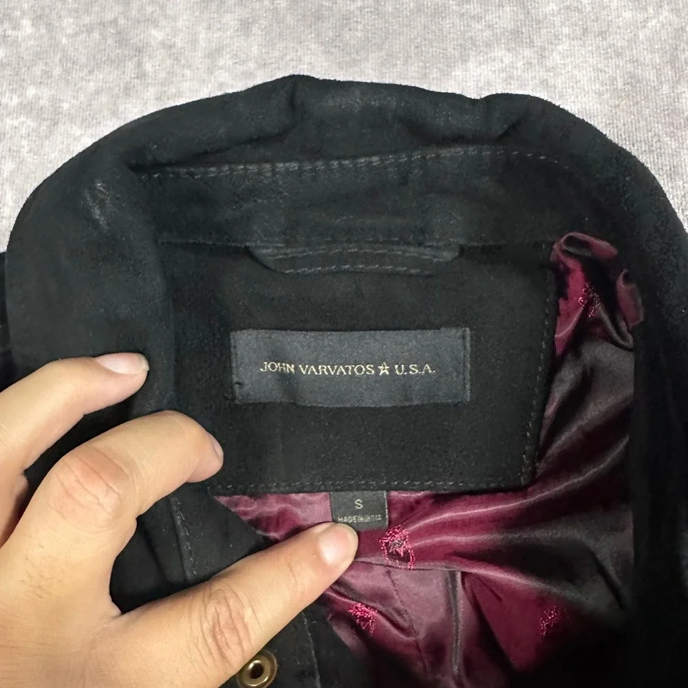 John Varvatos USA Men S Black Goatskin Suede Snap Front Jacket Red Interior